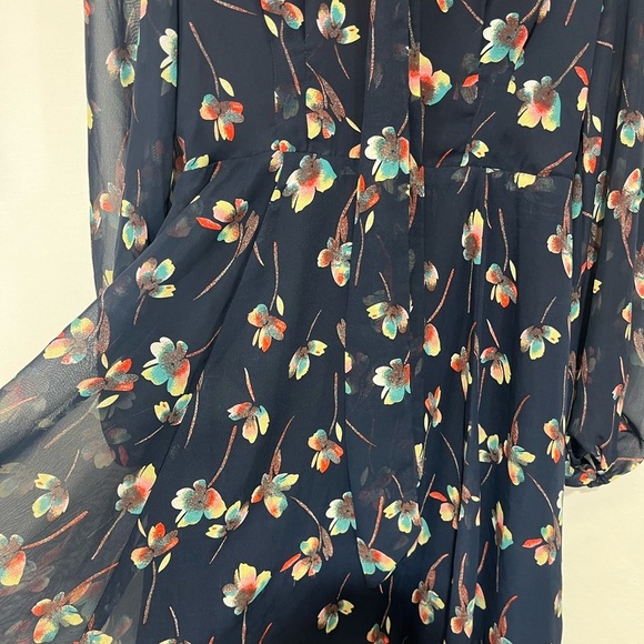 Betsey Johnson Navy Floral Mini Dress Neck Tie Sheer Long Sleeves V Neck Size 6 - Picture 5 of 13